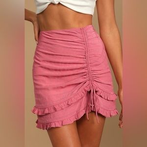 Lulu’s Deluxe Details Pink Drawstring Ruched Ruffle Mini Skirt
